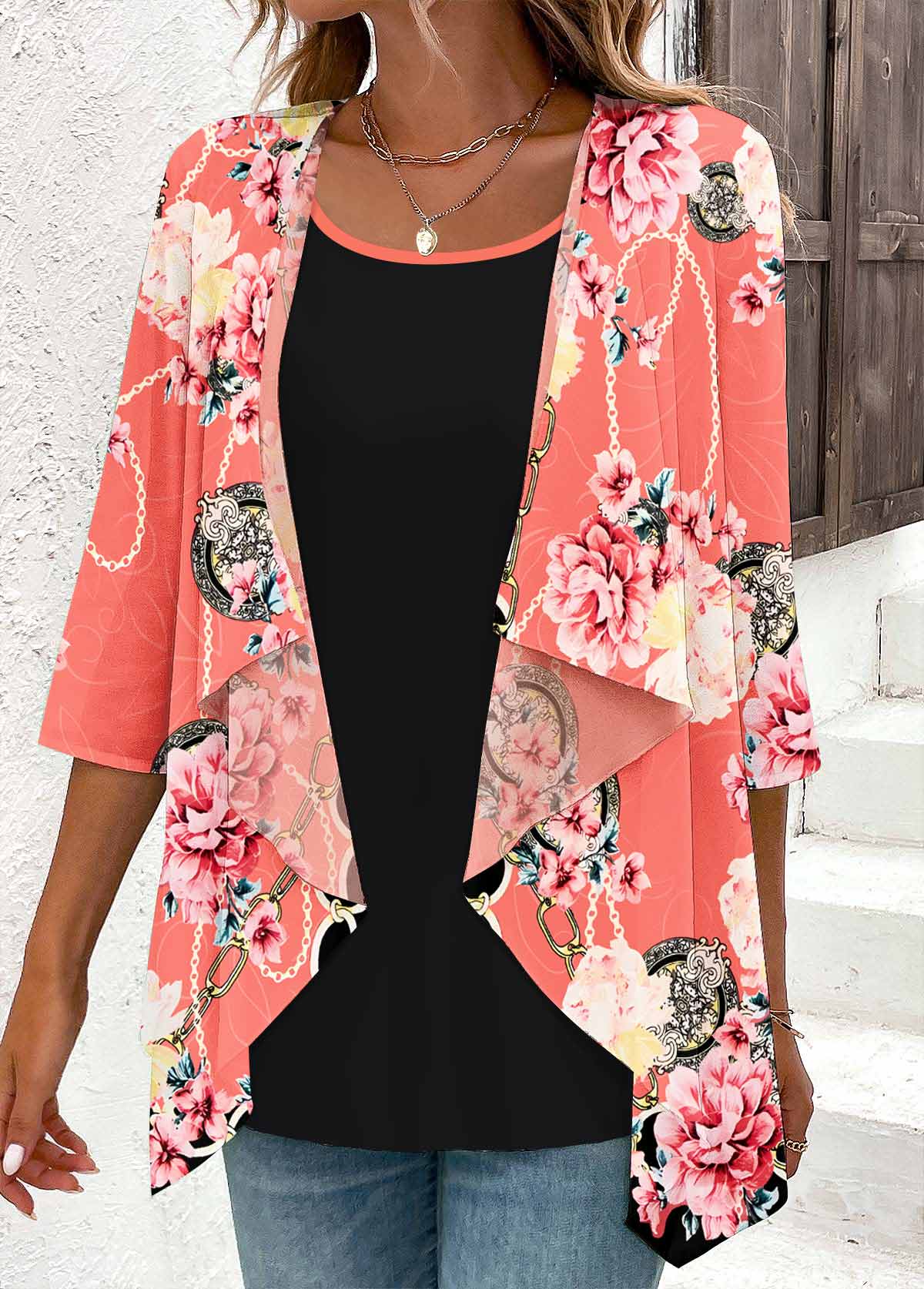 Peach Red Fake 2in1 Floral Print Blouse