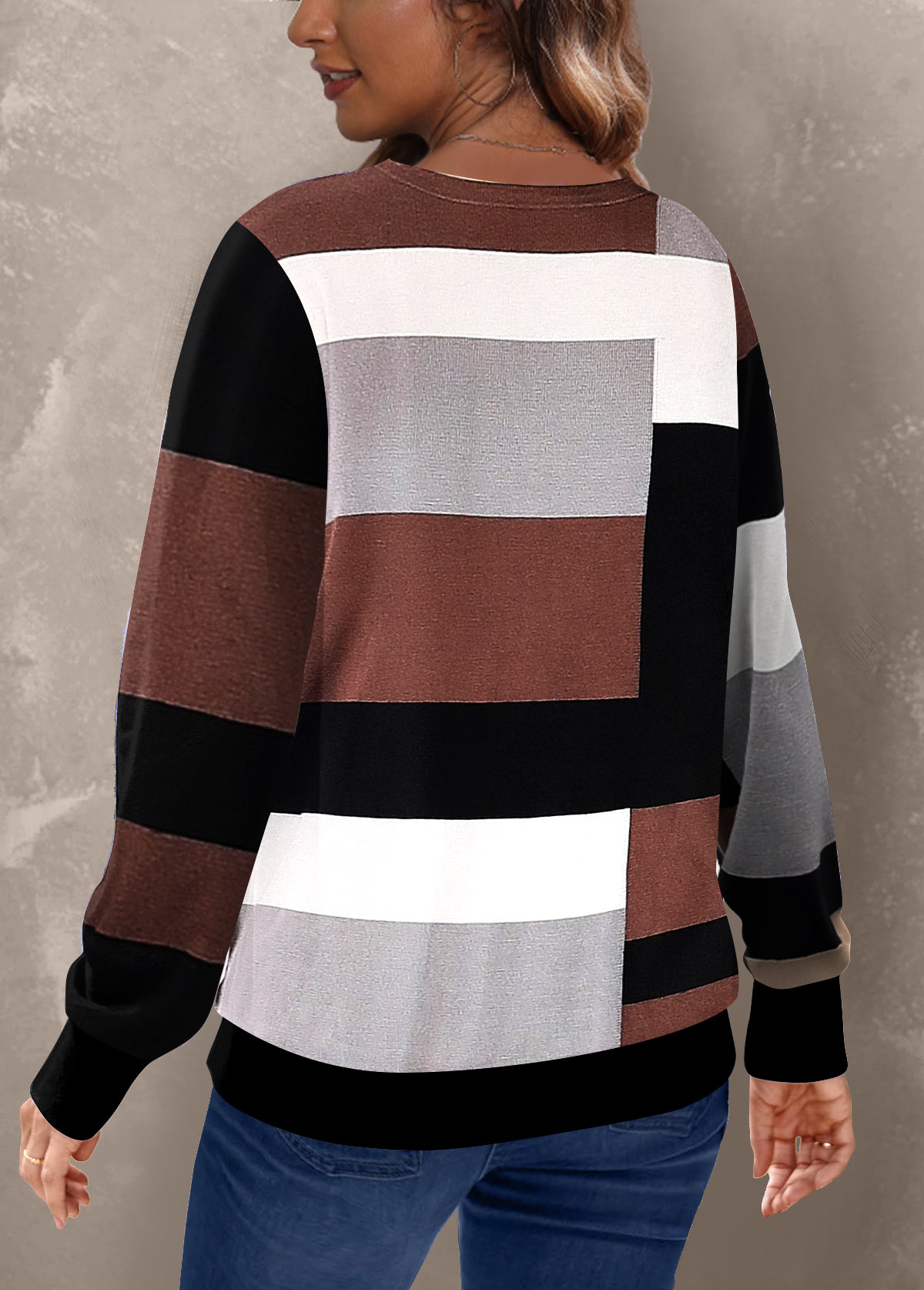 Dark Coffee Patchwork Geometric Print Long Sleeve Sweatshirt