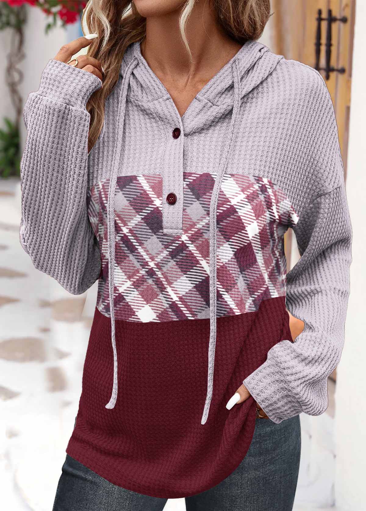 Wine Red Button Plaid Long Sleeve Hoodie