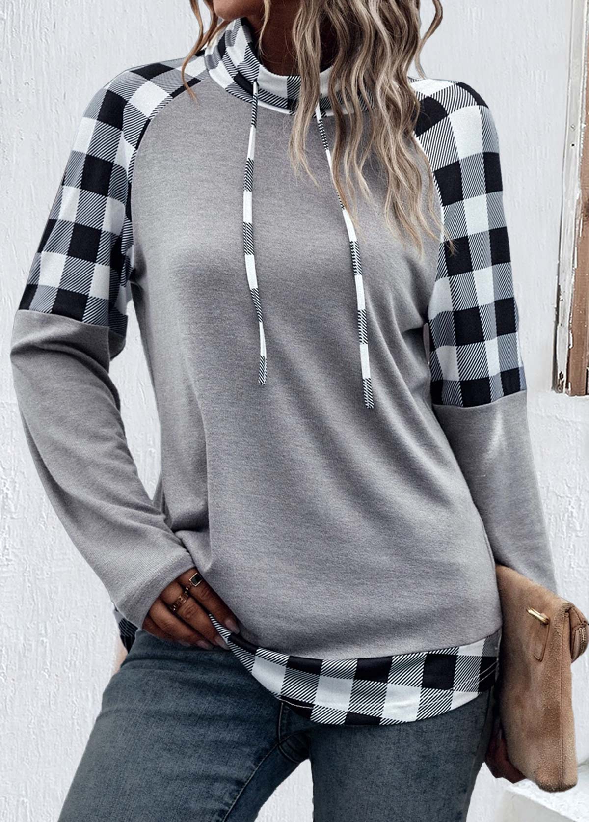Light Grey Patchwork Plaid Long Sleeve Sweatshirt | picture 