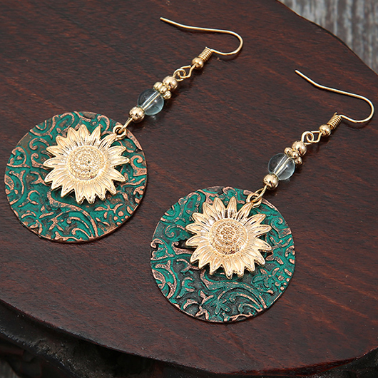 Alloy Detail Floral Design Turquoise Round Earrings
