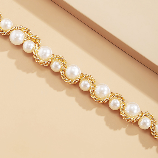 Gold Chain Detail Pearl Round Necklace