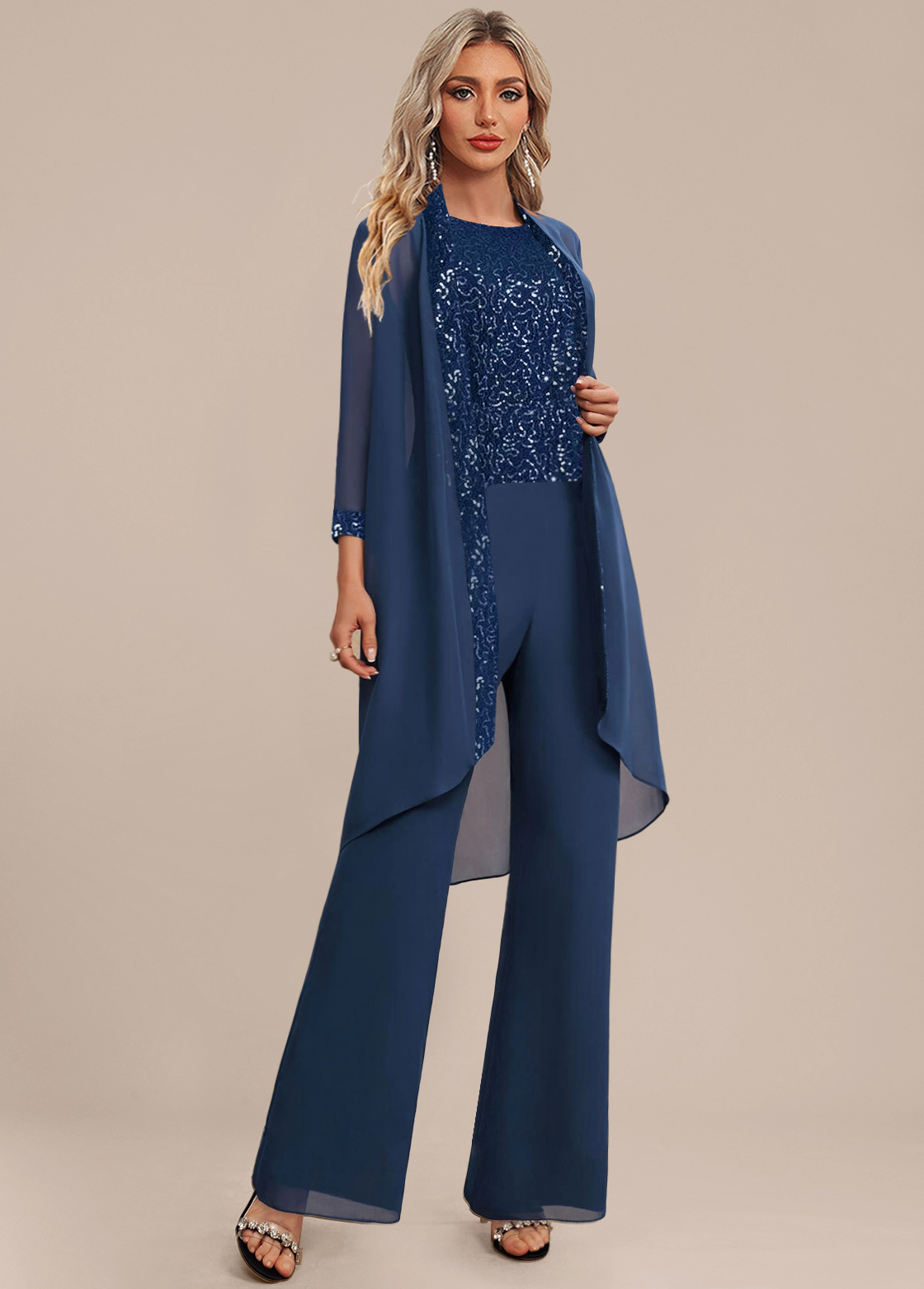 Navy Patchwork Long Sleeveless Round Neck Jumpsuit and Cardigan
