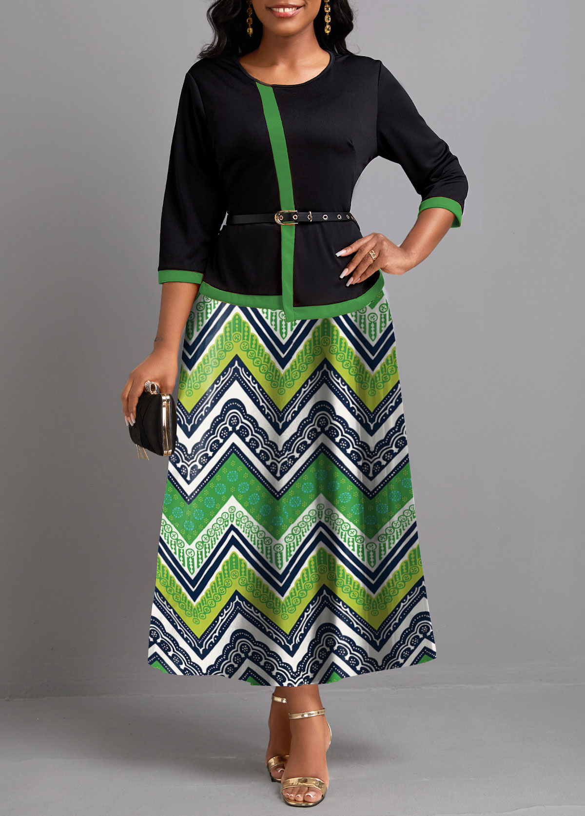 Green Fake 2in1 Tribal Print Maxi Dress