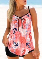 Bowknot Tropical Plants Print Coral Red Tankini Set