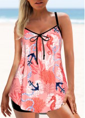 Bowknot Tropical Plants Print Coral Red Tankini Set | thumb picture 