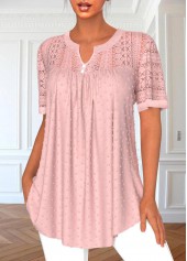 Pink Lace Short Sleeve Split Neck Blouse | thumb picture 