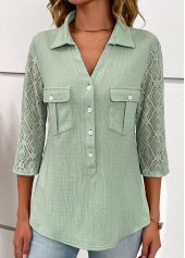 Sage Green Patchwork Three Quarter Length Sleeve Blouse | thumb picture 