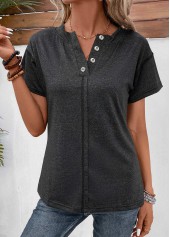 Black Button Short Sleeve Split Neck T Shirt