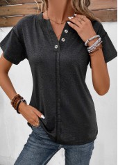 Black Button Short Sleeve Split Neck T Shirt