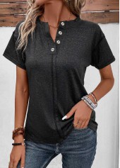 Black Button Short Sleeve Split Neck T Shirt