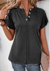 Black Button Short Sleeve Split Neck T Shirt