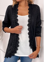 Black Scalloped Hem Long Sleeve Light Cardigan