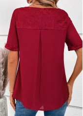 Wine Red Lace Short Sleeve V Neck Blouse | thumb picture 
