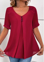 Wine Red Lace Short Sleeve V Neck Blouse | thumb picture 