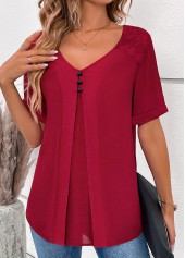 Wine Red Lace Short Sleeve V Neck Blouse | thumb picture 