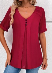 Wine Red Lace Short Sleeve V Neck Blouse
