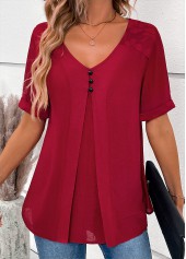 Wine Red Lace Short Sleeve V Neck Blouse | thumb picture 