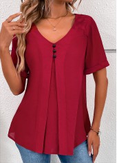 Wine Red Lace Short Sleeve V Neck Blouse | thumb picture 
