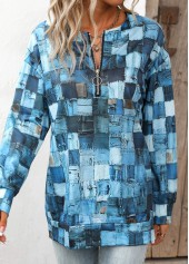 Denim Blue Zipper Geometric Print Long Sleeve Sweatshirt | thumb picture 