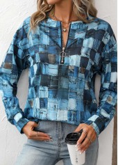 Denim Blue Zipper Geometric Print Long Sleeve Sweatshirt | thumb picture 