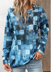 Denim Blue Zipper Geometric Print Long Sleeve Sweatshirt