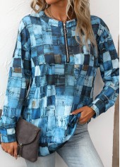 Denim Blue Zipper Geometric Print Long Sleeve Sweatshirt | thumb picture 