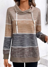 Multi Color Drawstring Long Sleeve Cowl Neck Sweatshirt