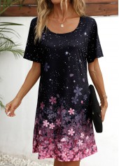 Black Floral Print Short Sleeve Scoop Neck Dress | thumb picture 