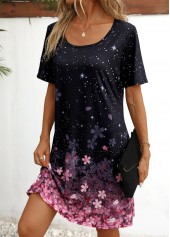 Black Floral Print Short Sleeve Scoop Neck Dress
