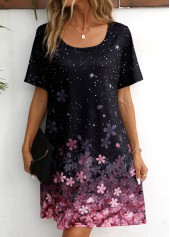 Black Floral Print Short Sleeve Scoop Neck Dress | thumb picture 