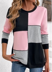 Light Pink Patchwork Long Sleeve Round Neck Sweatshirt