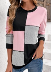 Light Pink Patchwork Long Sleeve Round Neck Sweatshirt | thumb picture 