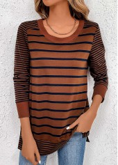 Dark Coffee Patchwork Striped Long Sleeve T Shirt