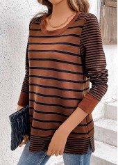 Dark Coffee Patchwork Striped Long Sleeve T Shirt | thumb picture 