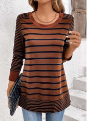 Dark Coffee Patchwork Striped Long Sleeve T Shirt | thumb picture 