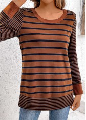 Dark Coffee Patchwork Striped Long Sleeve T Shirt | thumb picture 