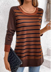 Dark Coffee Patchwork Striped Long Sleeve T Shirt | thumb picture 