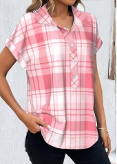 Pink Button Plaid Short Sleeve Shirt Collar Blouse