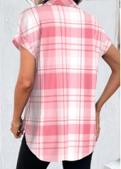 Pink Button Plaid Short Sleeve Shirt Collar Blouse