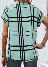 Light Green Button Plaid Short Sleeve Shirt Collar Blouse | thumb picture 