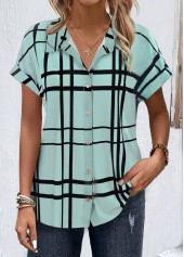 Light Green Button Plaid Short Sleeve Shirt Collar Blouse | thumb picture 