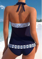 Patchwork Mid Waisted Geometric Print Navy Tankini Set | thumb picture 