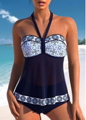 Patchwork Mid Waisted Geometric Print Navy Tankini Set