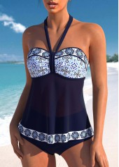 Patchwork Mid Waisted Geometric Print Navy Tankini Set | thumb picture 