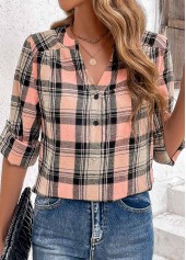 Pink Ruched Plaid Long Sleeve Split Neck Blouse | thumb picture 