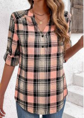 Pink Ruched Plaid Long Sleeve Split Neck Blouse