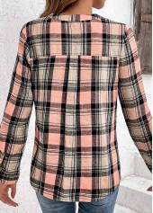 Pink Ruched Plaid Long Sleeve Split Neck Blouse | thumb picture 