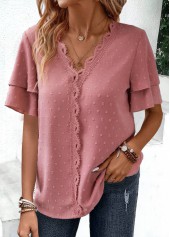 Pink Lace Short Sleeve V Neck Blouse