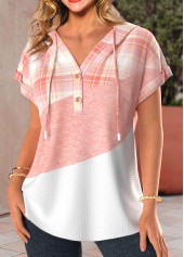 Light Pink Patchwork Plaid Short Sleeve T Shirt | thumb picture 